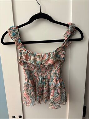 Urban Outfitters Floral Smocked Ruffle Cami - Pink Teal Cream